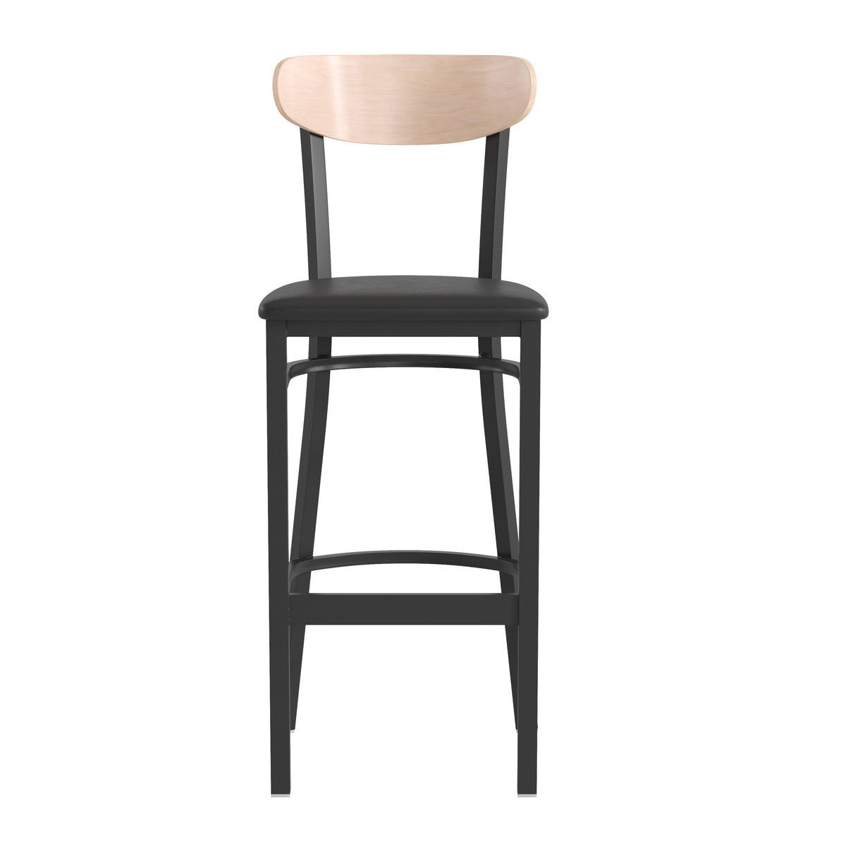 Natural Birch Wood Back/Black Vinyl Seat |#| Commercial Metal Barstool with Vinyl Seat and Wood Boomerang Back-Black/Natural