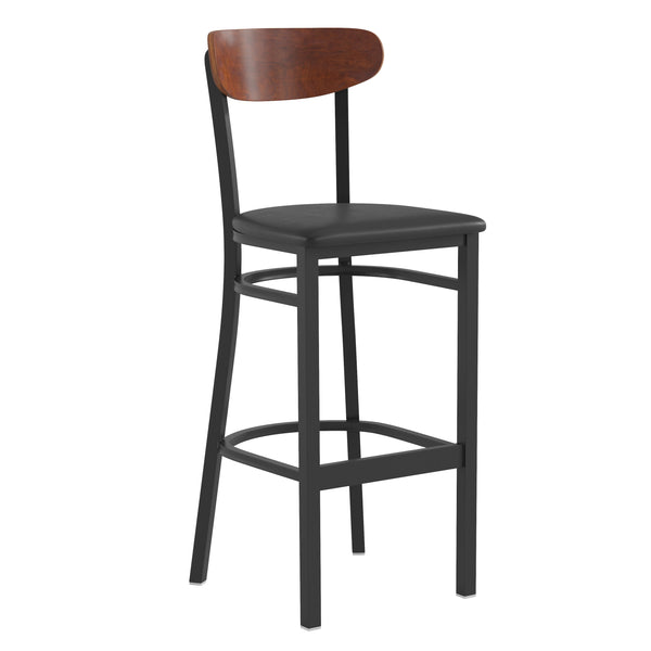 Walnut Wood Back/Black Vinyl Seat |#| Commercial Metal Barstool with Vinyl Seat and Wood Boomerang Back-Black/Walnut