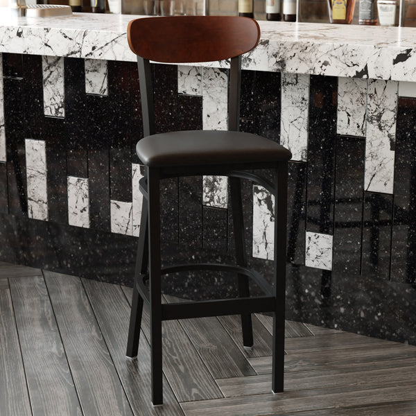 Walnut Wood Back/Black Vinyl Seat |#| Commercial Metal Barstool with Vinyl Seat and Wood Boomerang Back-Black/Walnut
