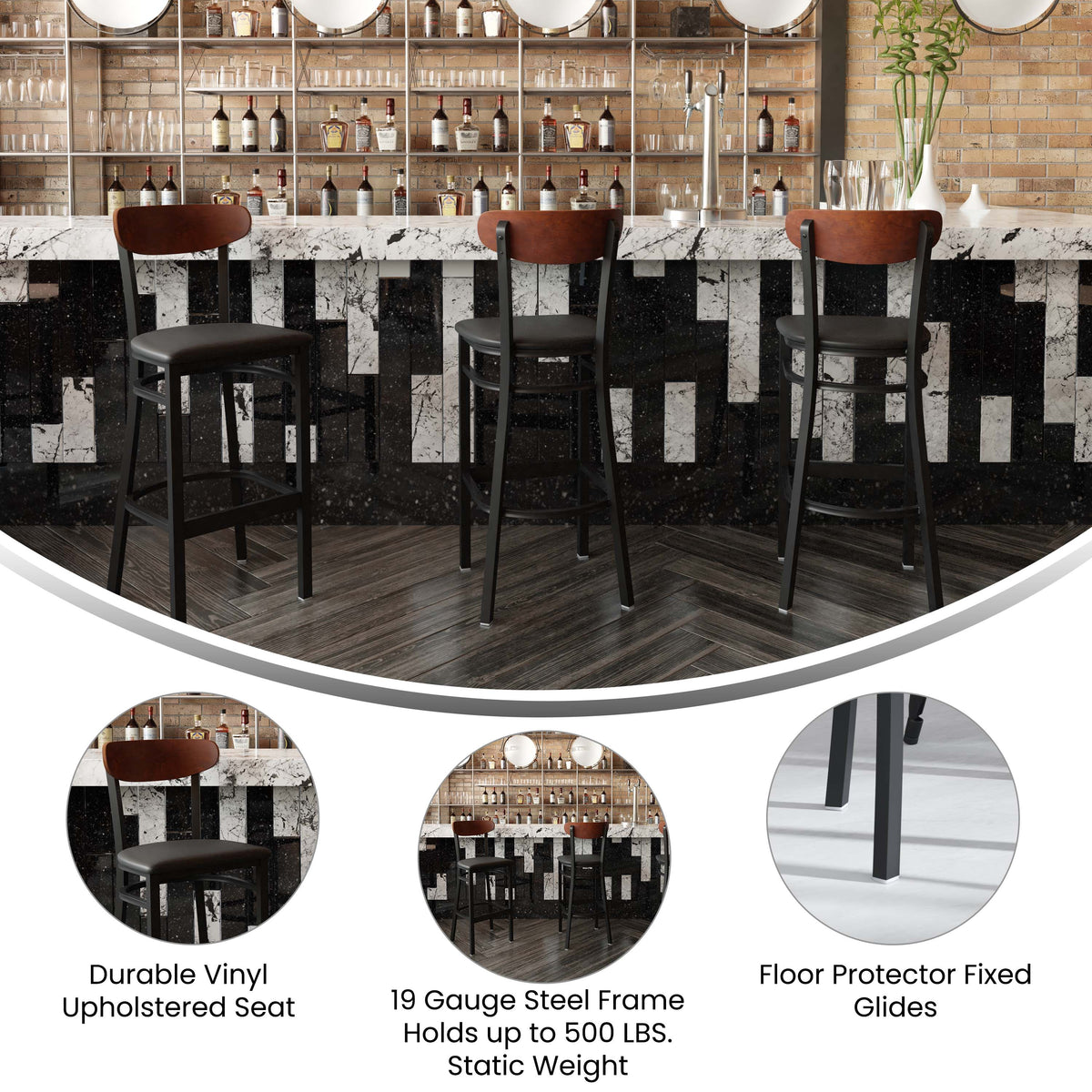 Walnut Wood Back/Black Vinyl Seat |#| Commercial Metal Barstool with Vinyl Seat and Wood Boomerang Back-Black/Walnut
