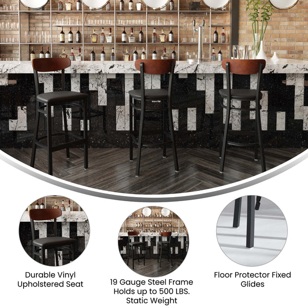 Walnut Wood Back/Black Vinyl Seat |#| Commercial Metal Barstool with Vinyl Seat and Wood Boomerang Back-Black/Walnut