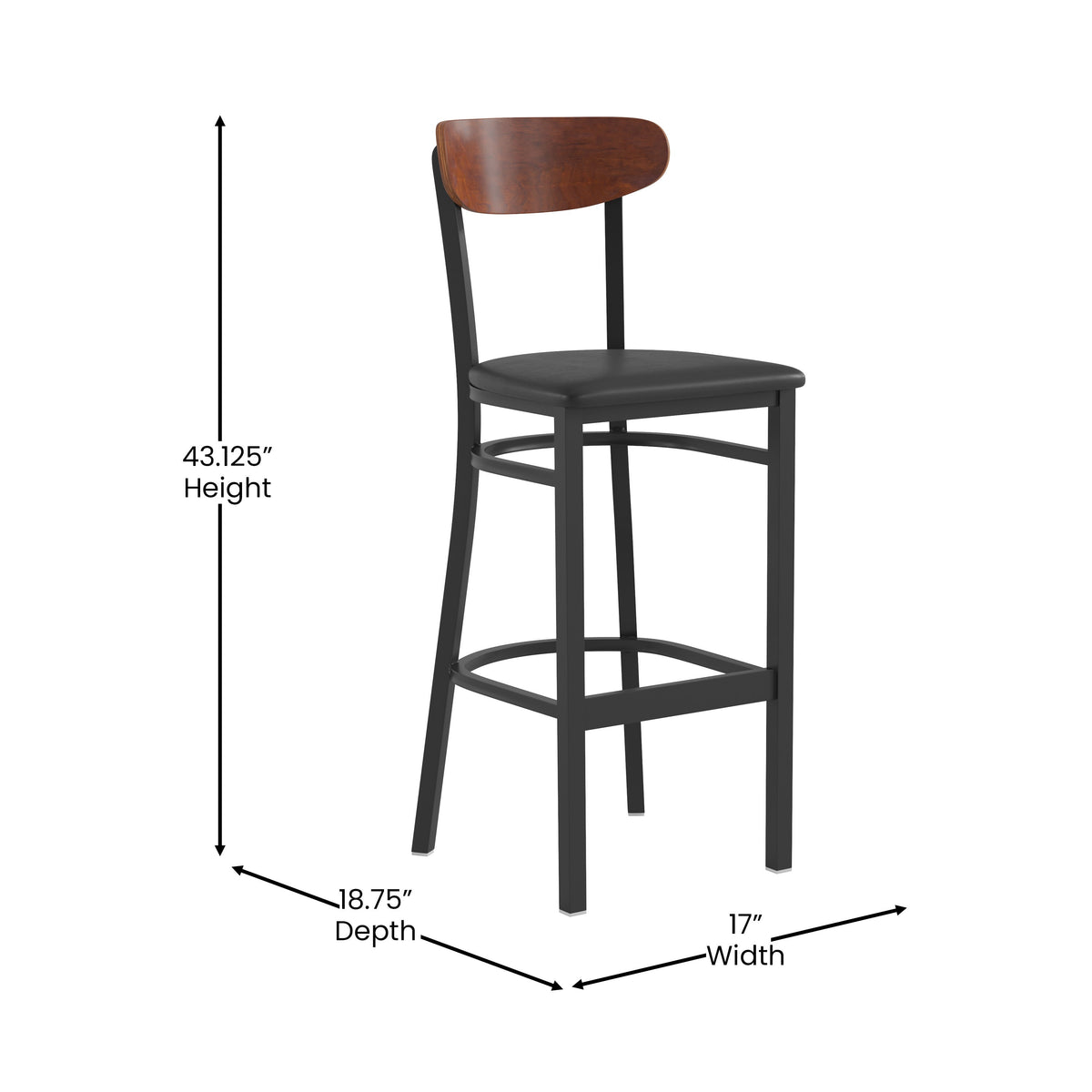 Walnut Wood Back/Black Vinyl Seat |#| Commercial Metal Barstool with Vinyl Seat and Wood Boomerang Back-Black/Walnut