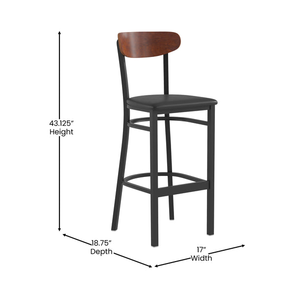 Walnut Wood Back/Black Vinyl Seat |#| Commercial Metal Barstool with Vinyl Seat and Wood Boomerang Back-Black/Walnut