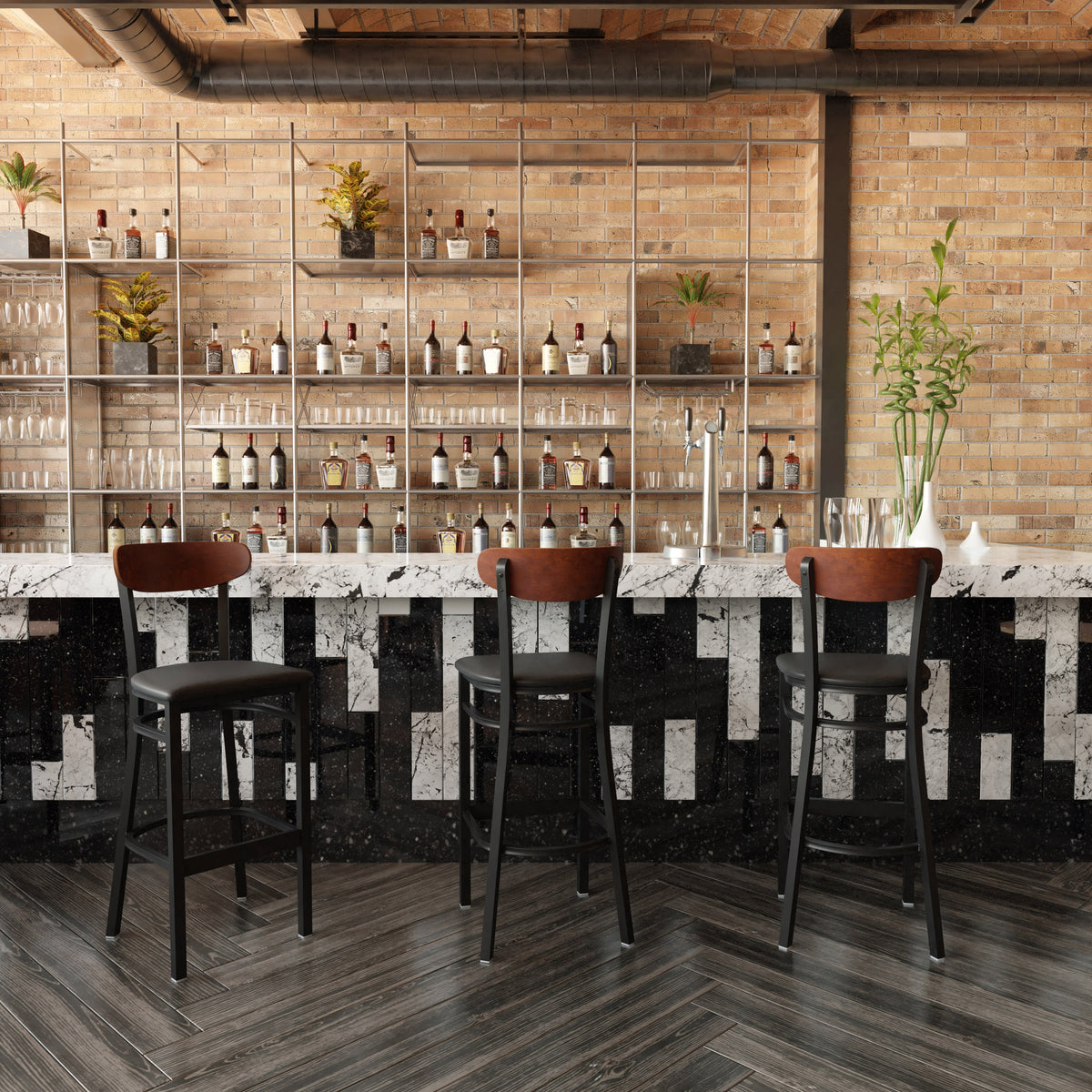Walnut Wood Back/Black Vinyl Seat |#| Commercial Metal Barstool with Vinyl Seat and Wood Boomerang Back-Black/Walnut