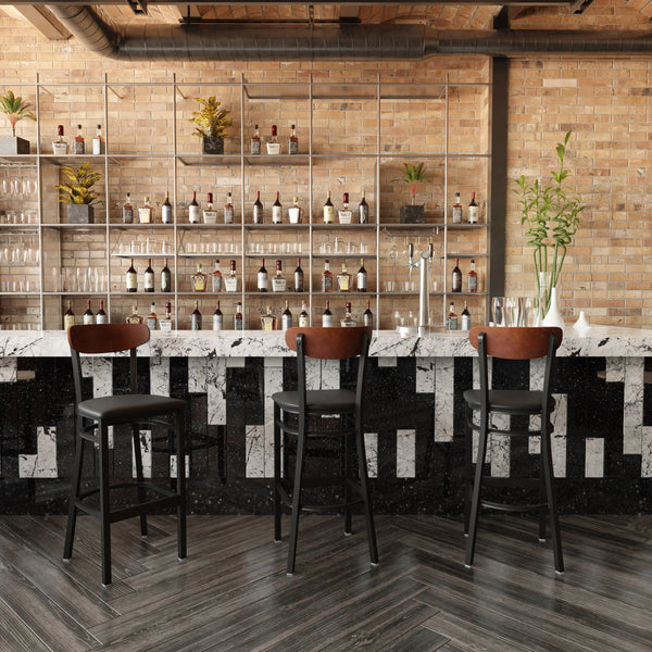 Walnut Wood Back/Black Vinyl Seat |#| Commercial Metal Barstool with Vinyl Seat and Wood Boomerang Back-Black/Walnut