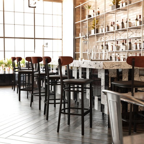 Walnut Wood Back/Black Vinyl Seat |#| Commercial Metal Barstool with Vinyl Seat and Wood Boomerang Back-Black/Walnut