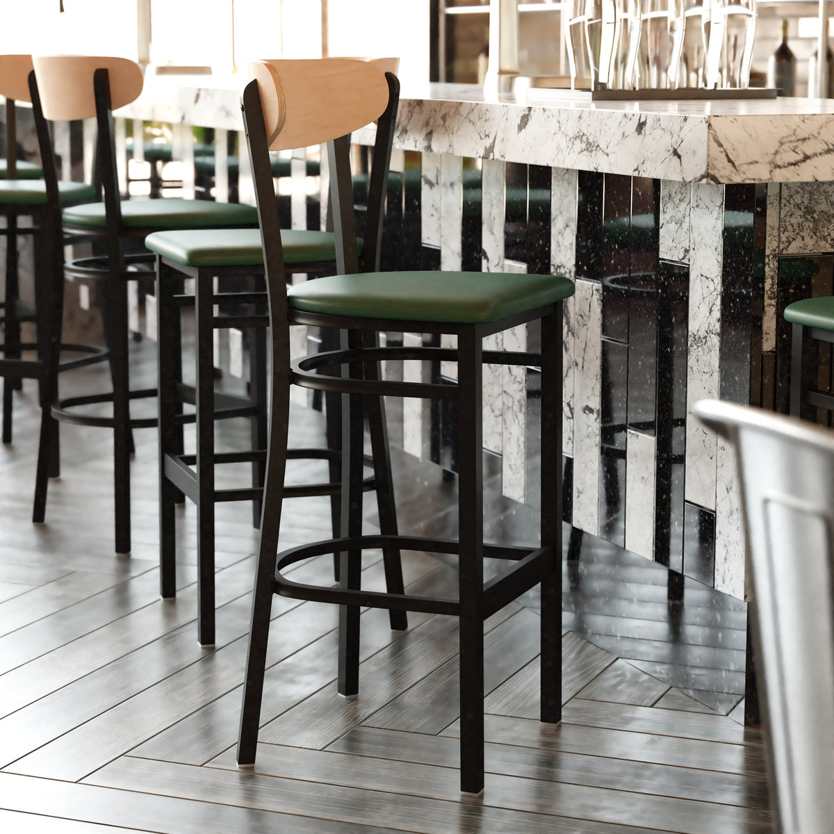 Natural Birch Wood Back/Green Vinyl Seat |#| Commercial Metal Barstool with Vinyl Seat and Wood Boomerang Back-Green/Natural