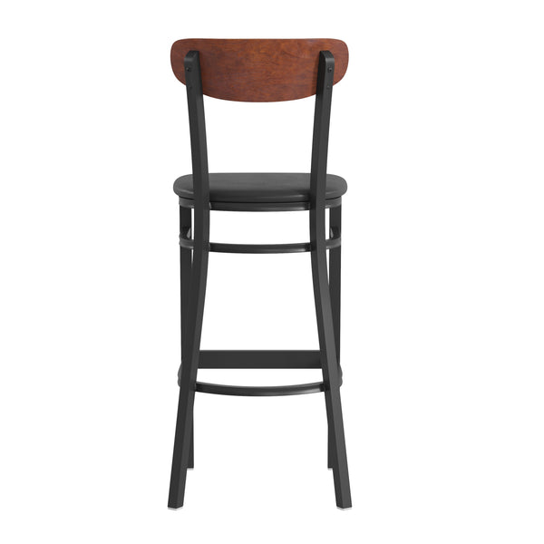 Walnut Wood Back/Black Vinyl Seat |#| Commercial Metal Barstool with Vinyl Seat and Wood Boomerang Back-Black/Walnut