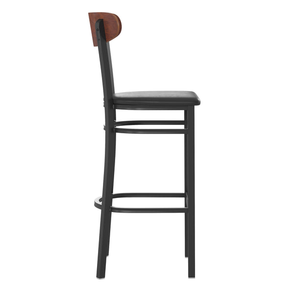 Walnut Wood Back/Black Vinyl Seat |#| Commercial Metal Barstool with Vinyl Seat and Wood Boomerang Back-Black/Walnut