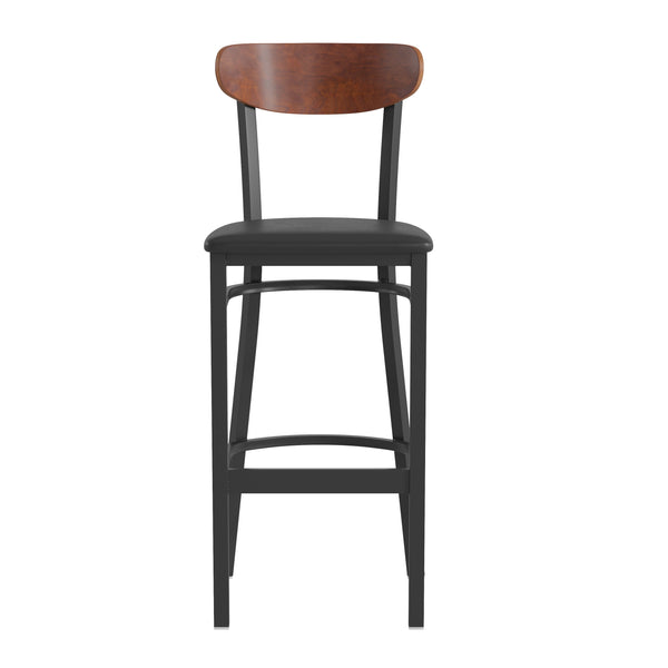 Walnut Wood Back/Black Vinyl Seat |#| Commercial Metal Barstool with Vinyl Seat and Wood Boomerang Back-Black/Walnut