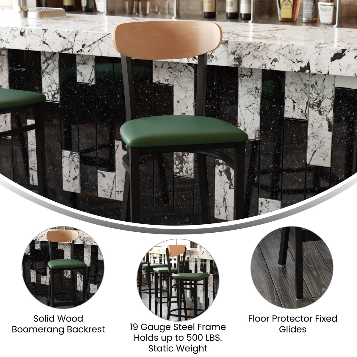 Natural Birch Wood Back/Green Vinyl Seat |#| Commercial Metal Barstool with Vinyl Seat and Wood Boomerang Back-Green/Natural