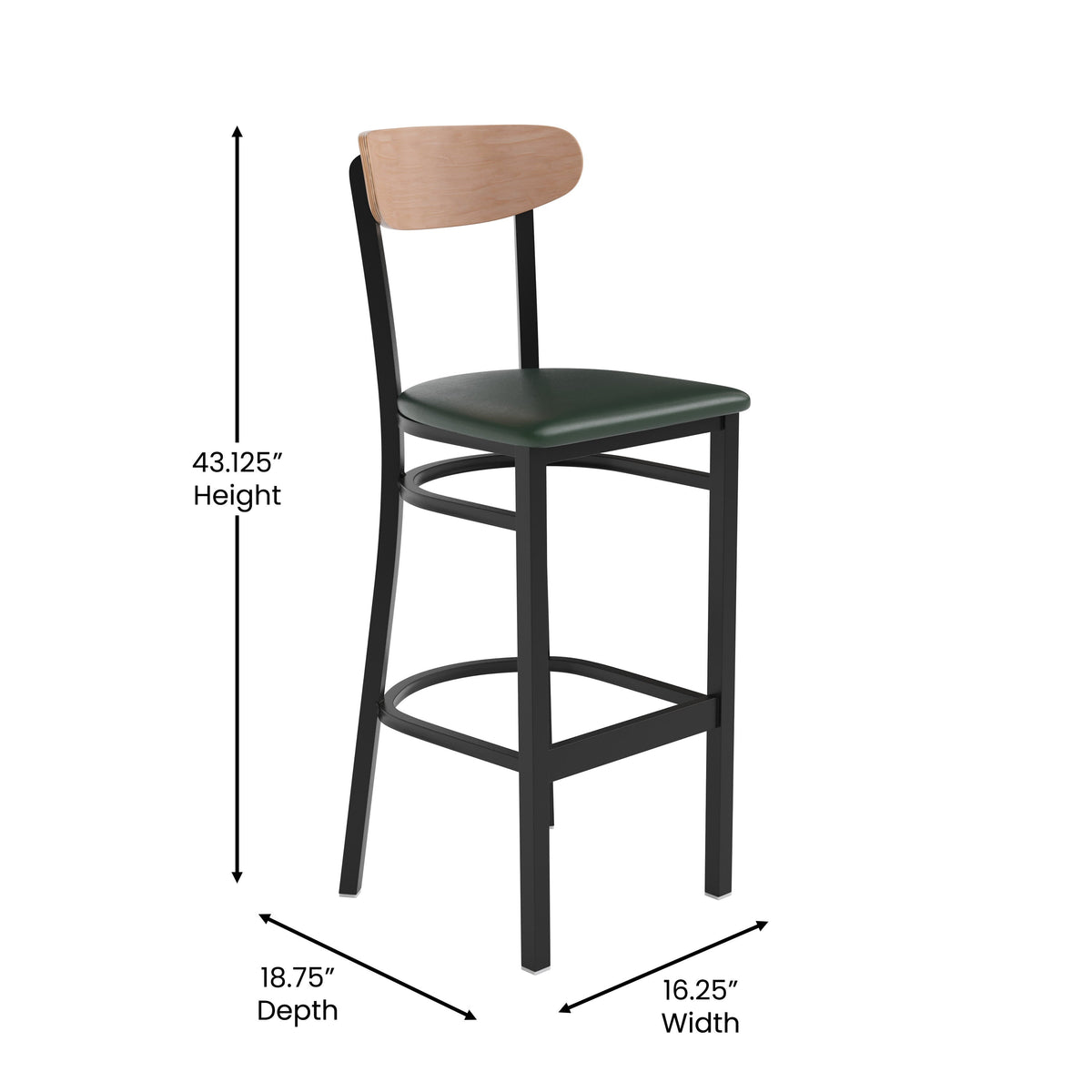 Natural Birch Wood Back/Green Vinyl Seat |#| Commercial Metal Barstool with Vinyl Seat and Wood Boomerang Back-Green/Natural