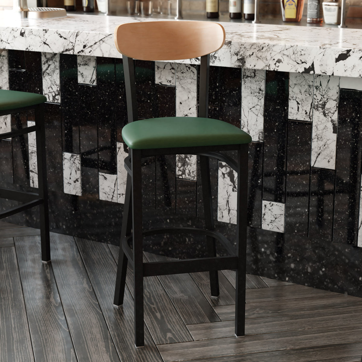 Natural Birch Wood Back/Green Vinyl Seat |#| Commercial Metal Barstool with Vinyl Seat and Wood Boomerang Back-Green/Natural