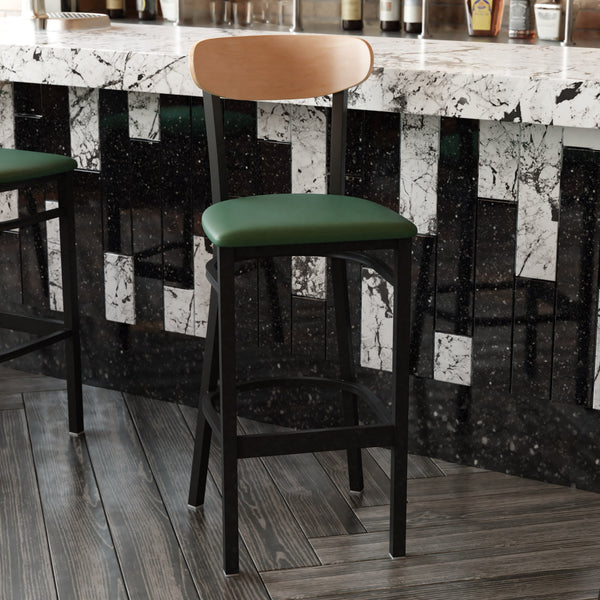 Natural Birch Wood Back/Green Vinyl Seat |#| Commercial Metal Barstool with Vinyl Seat and Wood Boomerang Back-Green/Natural