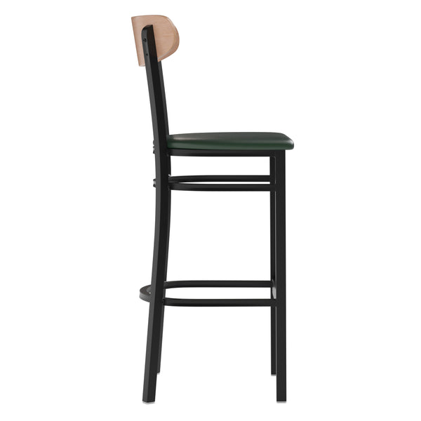 Natural Birch Wood Back/Green Vinyl Seat |#| Commercial Metal Barstool with Vinyl Seat and Wood Boomerang Back-Green/Natural