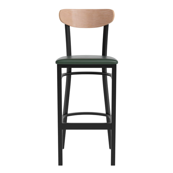 Natural Birch Wood Back/Green Vinyl Seat |#| Commercial Metal Barstool with Vinyl Seat and Wood Boomerang Back-Green/Natural