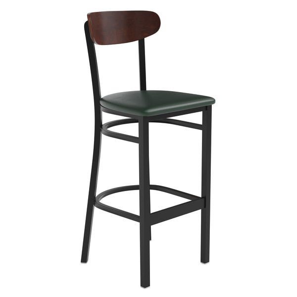 Walnut Wood Back/Green Vinyl Seat |#| Commercial Metal Barstool with Vinyl Seat and Wood Boomerang Back-Green/Walnut