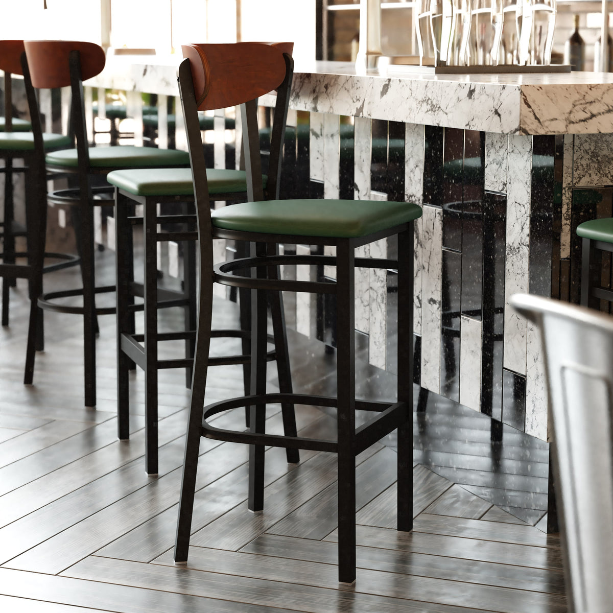 Walnut Wood Back/Green Vinyl Seat |#| Commercial Metal Barstool with Vinyl Seat and Wood Boomerang Back-Green/Walnut