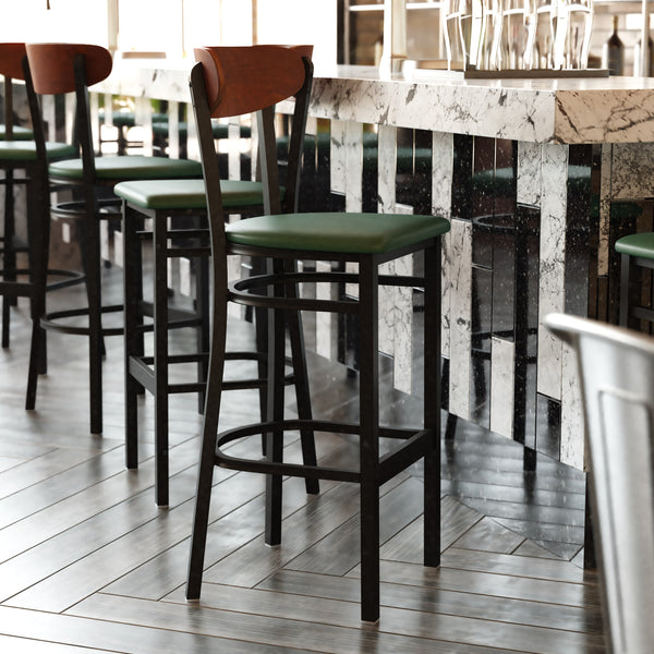 Walnut Wood Back/Green Vinyl Seat |#| Commercial Metal Barstool with Vinyl Seat and Wood Boomerang Back-Green/Walnut