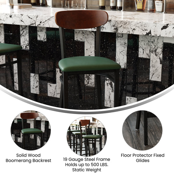 Walnut Wood Back/Green Vinyl Seat |#| Commercial Metal Barstool with Vinyl Seat and Wood Boomerang Back-Green/Walnut