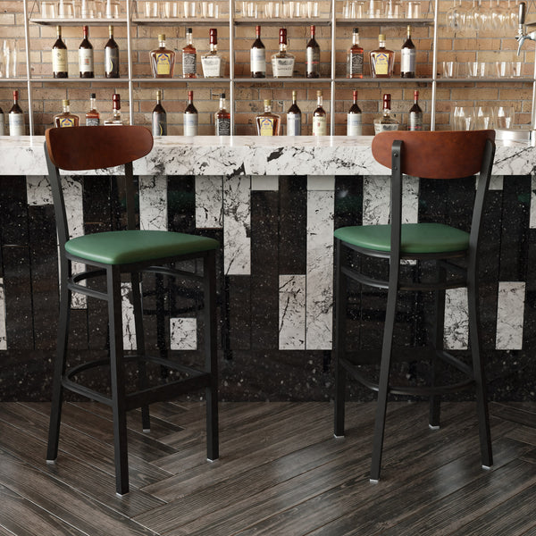 Walnut Wood Back/Green Vinyl Seat |#| Commercial Metal Barstool with Vinyl Seat and Wood Boomerang Back-Green/Walnut