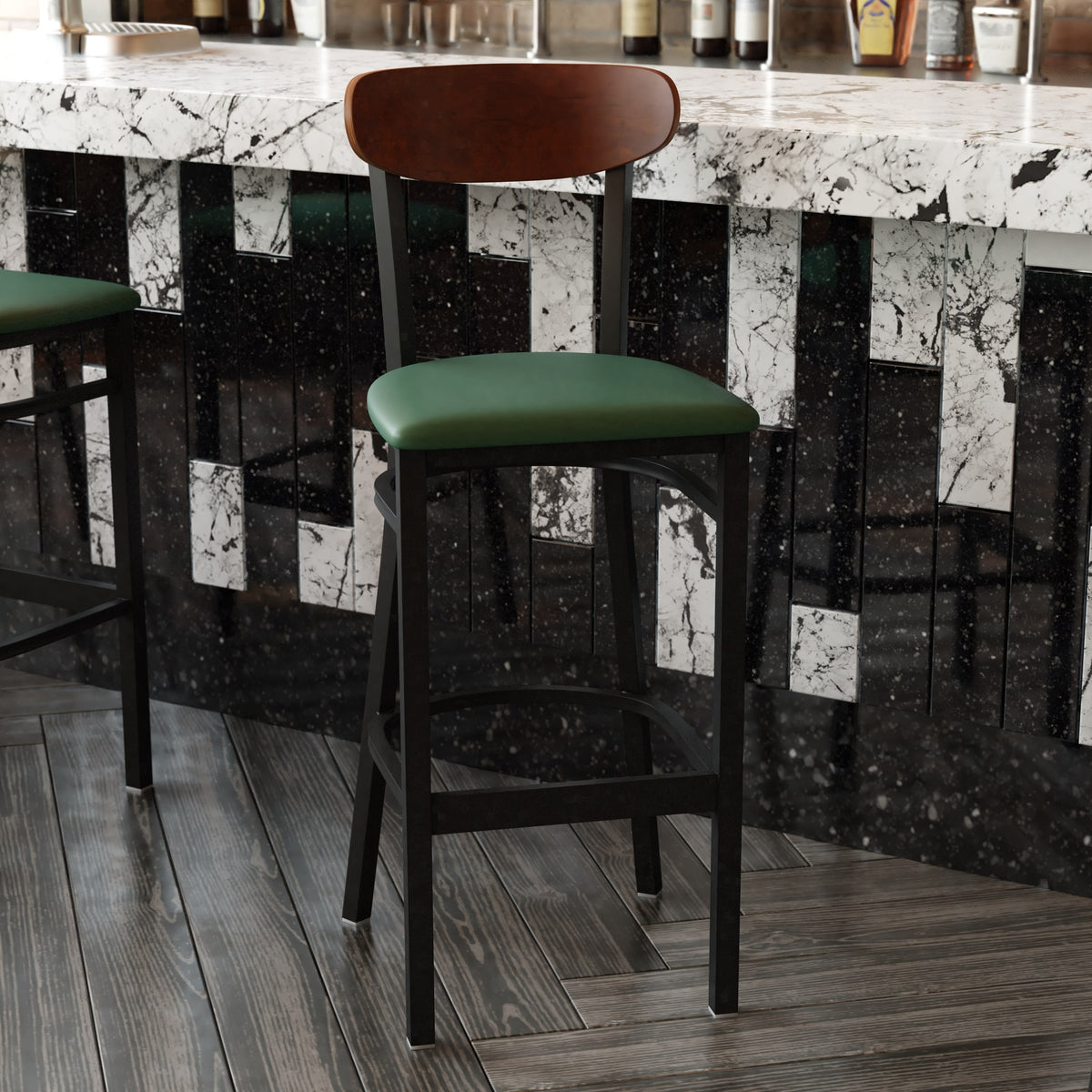 Walnut Wood Back/Green Vinyl Seat |#| Commercial Metal Barstool with Vinyl Seat and Wood Boomerang Back-Green/Walnut