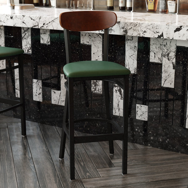 Walnut Wood Back/Green Vinyl Seat |#| Commercial Metal Barstool with Vinyl Seat and Wood Boomerang Back-Green/Walnut
