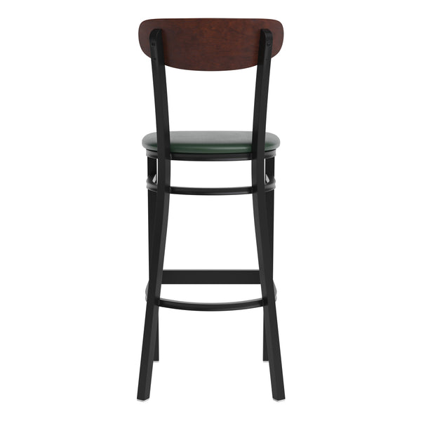 Walnut Wood Back/Green Vinyl Seat |#| Commercial Metal Barstool with Vinyl Seat and Wood Boomerang Back-Green/Walnut