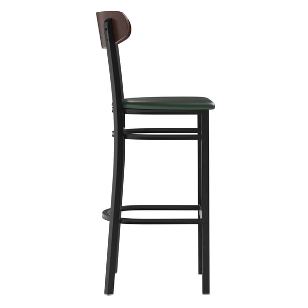 Walnut Wood Back/Green Vinyl Seat |#| Commercial Metal Barstool with Vinyl Seat and Wood Boomerang Back-Green/Walnut