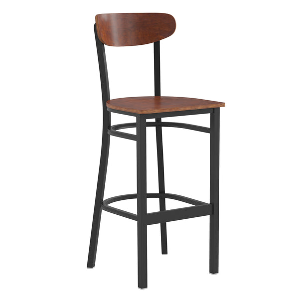 Walnut |#| Commercial Metal Barstool with Wood Seat and Boomerang Back-Walnut Finish