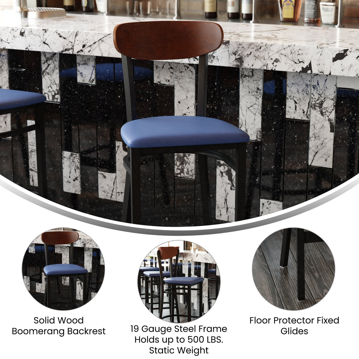 Walnut Wood Back/Blue Vinyl Seat |#| Commercial Metal Barstool with Vinyl Seat and Wood Boomerang Back-Blue/Walnut