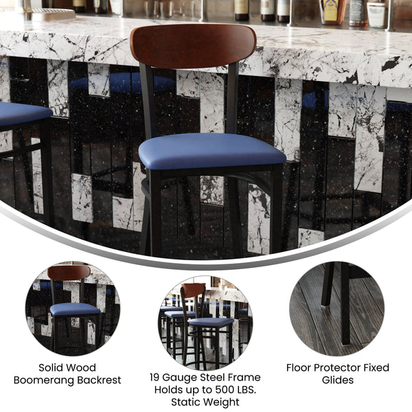 Walnut Wood Back/Blue Vinyl Seat |#| Commercial Metal Barstool with Vinyl Seat and Wood Boomerang Back-Blue/Walnut