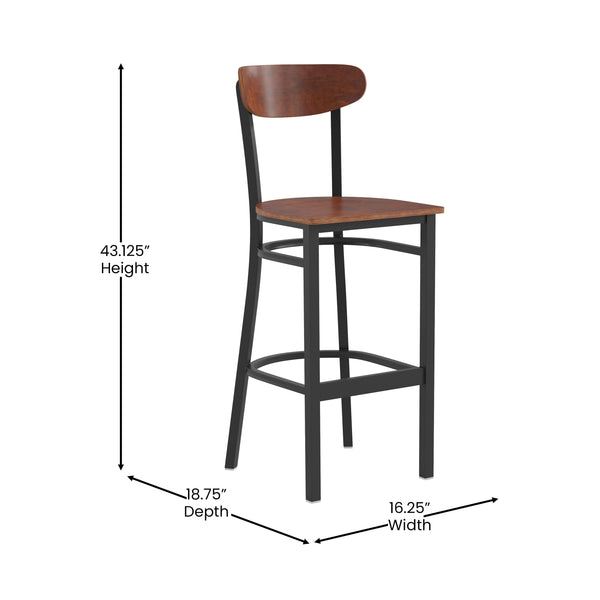 Walnut |#| Commercial Metal Barstool with Wood Seat and Boomerang Back-Walnut Finish