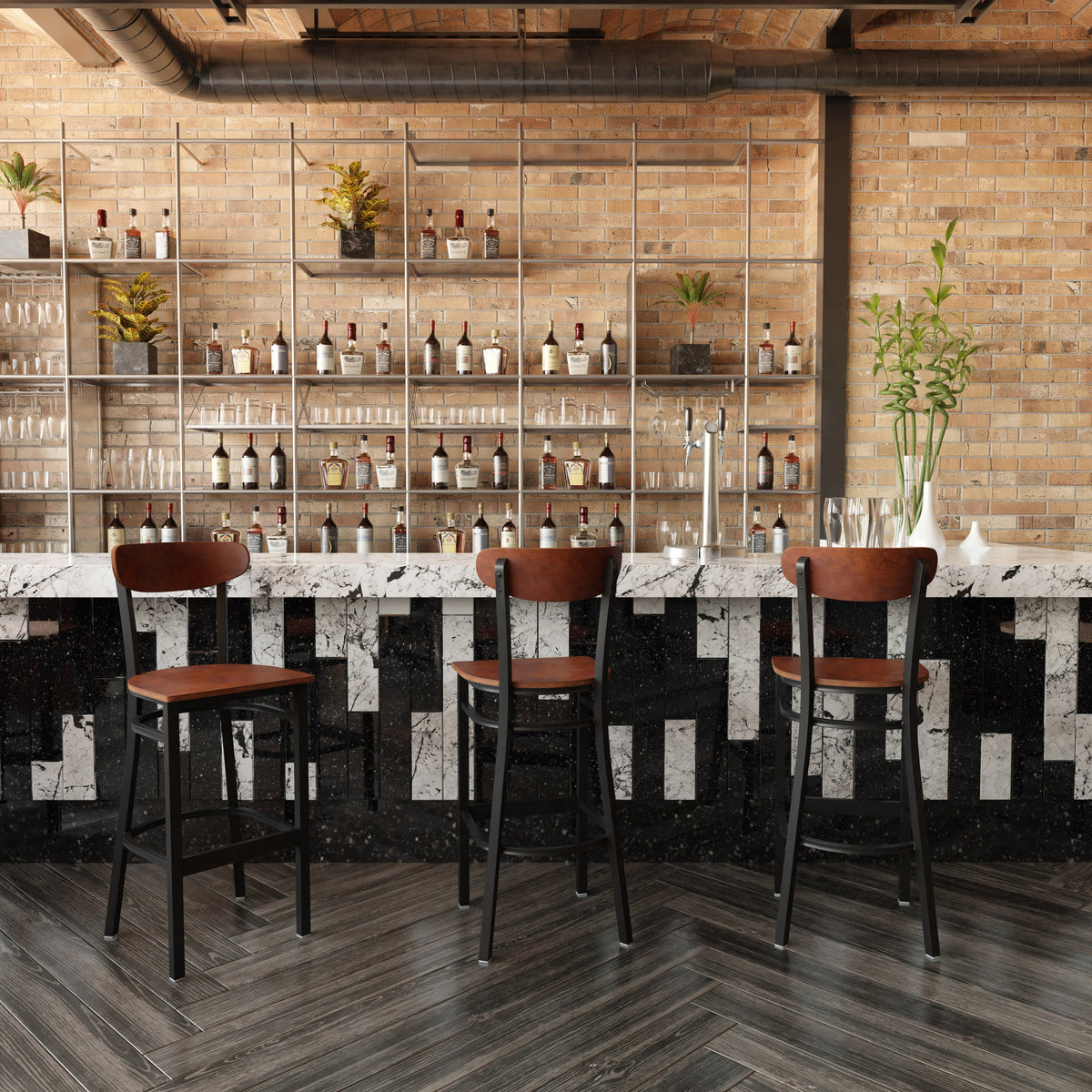 Walnut |#| Commercial Metal Barstool with Wood Seat and Boomerang Back-Walnut Finish