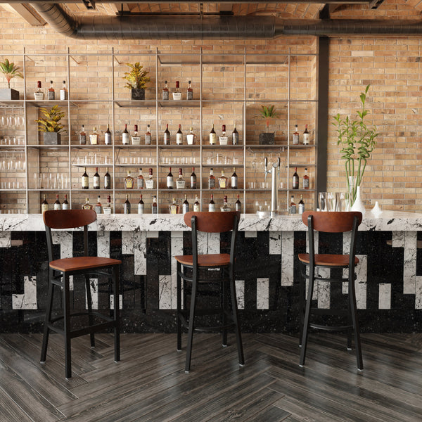 Walnut |#| Commercial Metal Barstool with Wood Seat and Boomerang Back-Walnut Finish