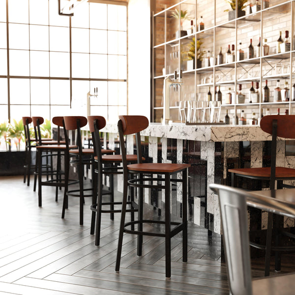 Walnut |#| Commercial Metal Barstool with Wood Seat and Boomerang Back-Walnut Finish