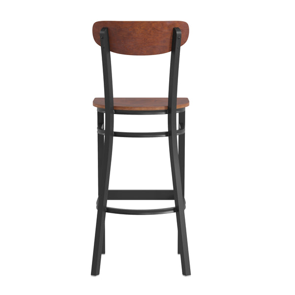 Walnut |#| Commercial Metal Barstool with Wood Seat and Boomerang Back-Walnut Finish