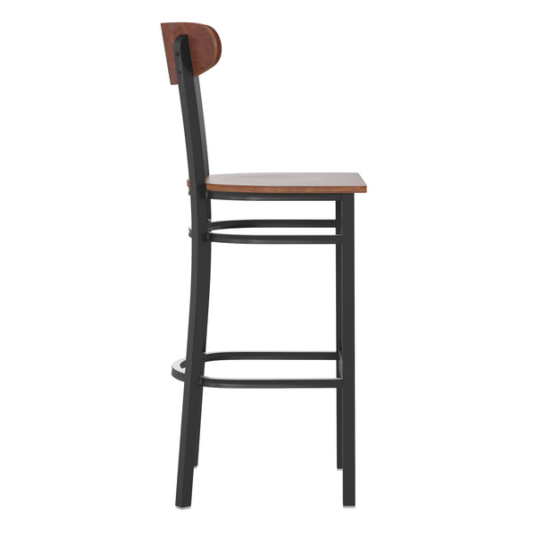 Walnut |#| Commercial Metal Barstool with Wood Seat and Boomerang Back-Walnut Finish