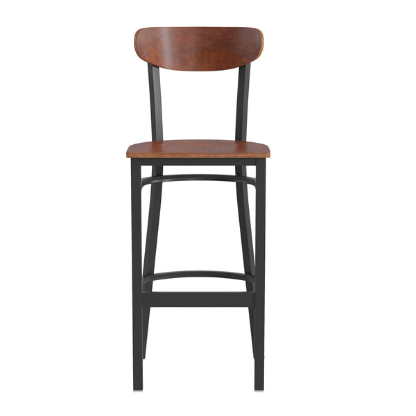 Walnut |#| Commercial Metal Barstool with Wood Seat and Boomerang Back-Walnut Finish