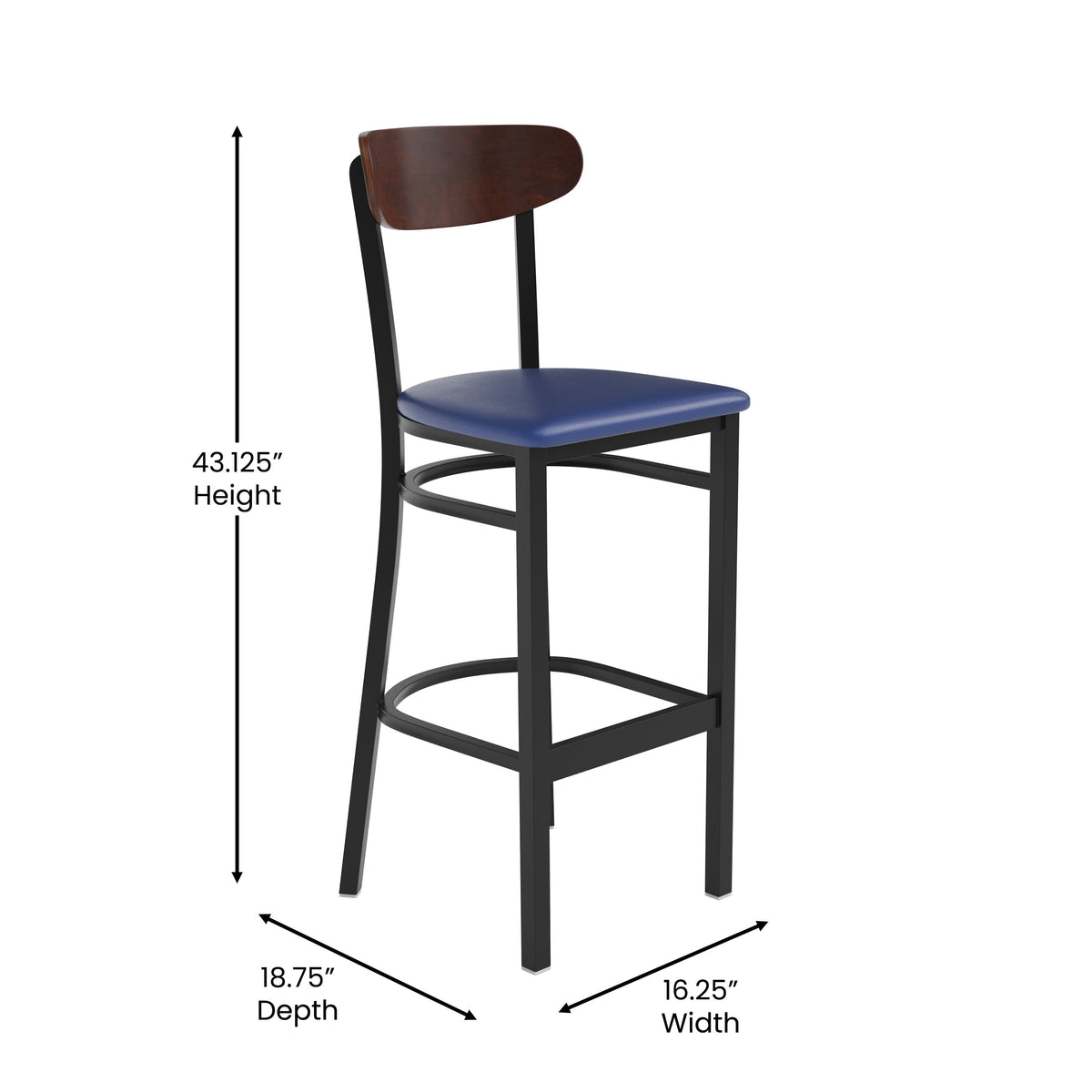 Walnut Wood Back/Blue Vinyl Seat |#| Commercial Metal Barstool with Vinyl Seat and Wood Boomerang Back-Blue/Walnut