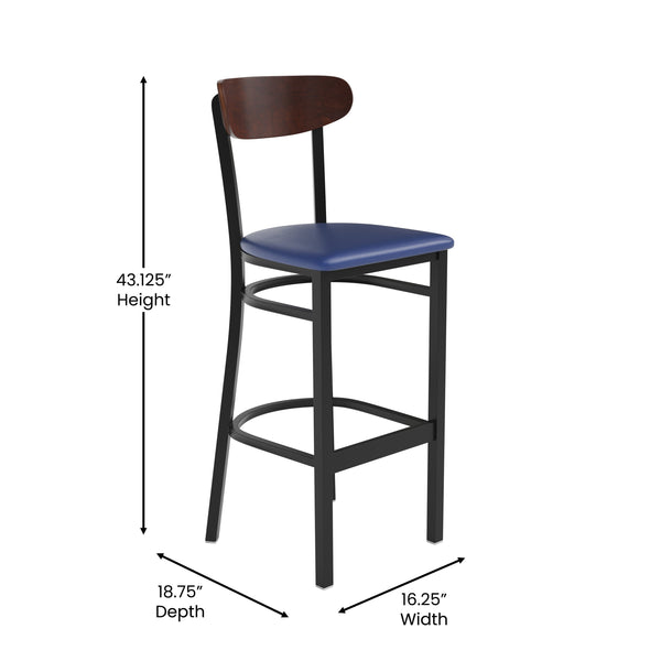 Walnut Wood Back/Blue Vinyl Seat |#| Commercial Metal Barstool with Vinyl Seat and Wood Boomerang Back-Blue/Walnut