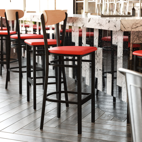 Natural Birch Wood Back/Red Vinyl Seat |#| Commercial Metal Barstool with Vinyl Seat and Wood Boomerang Back-Red/Natural