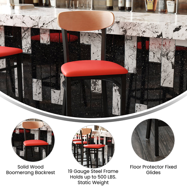 Natural Birch Wood Back/Red Vinyl Seat |#| Commercial Metal Barstool with Vinyl Seat and Wood Boomerang Back-Red/Natural