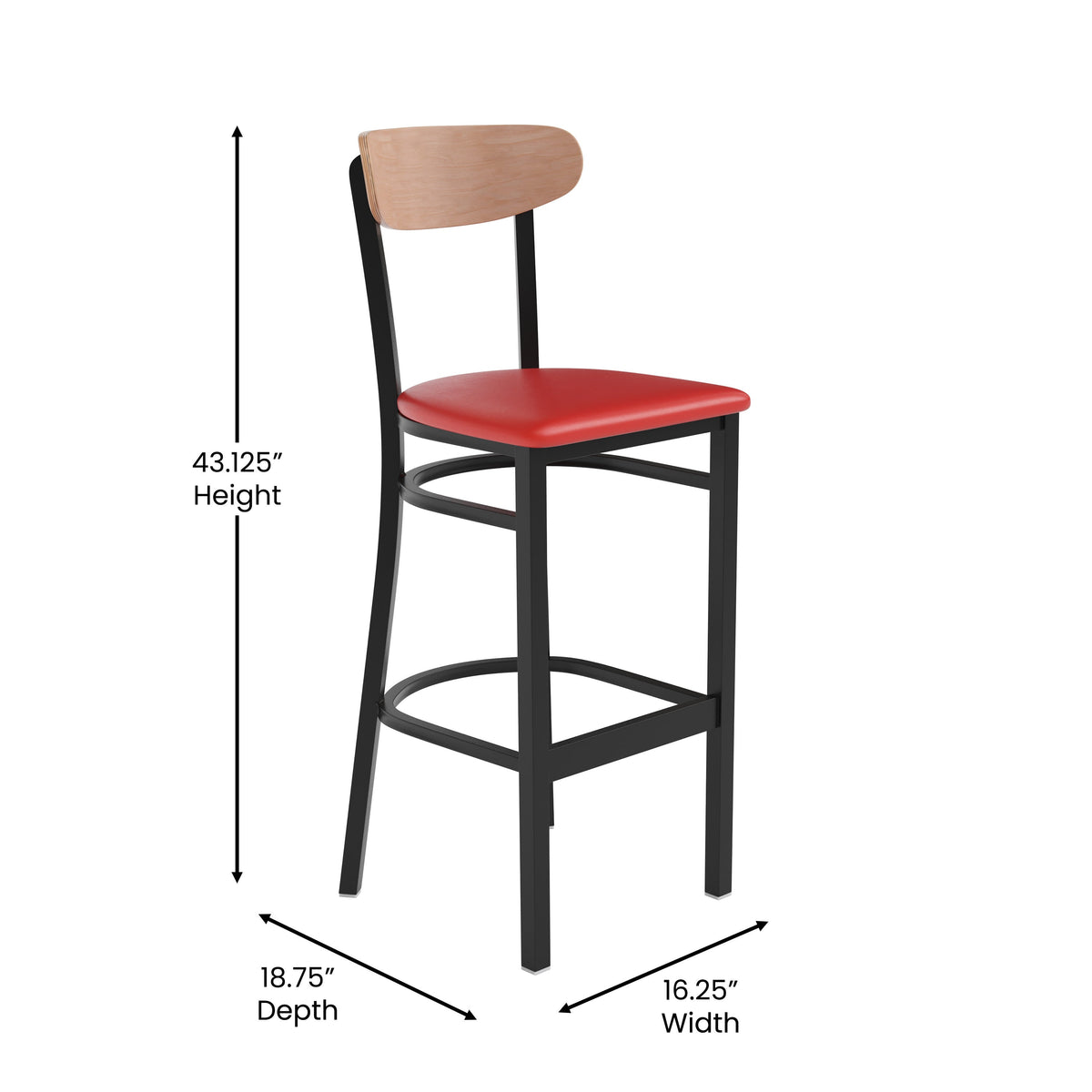 Natural Birch Wood Back/Red Vinyl Seat |#| Commercial Metal Barstool with Vinyl Seat and Wood Boomerang Back-Red/Natural