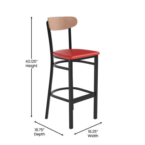 Natural Birch Wood Back/Red Vinyl Seat |#| Commercial Metal Barstool with Vinyl Seat and Wood Boomerang Back-Red/Natural