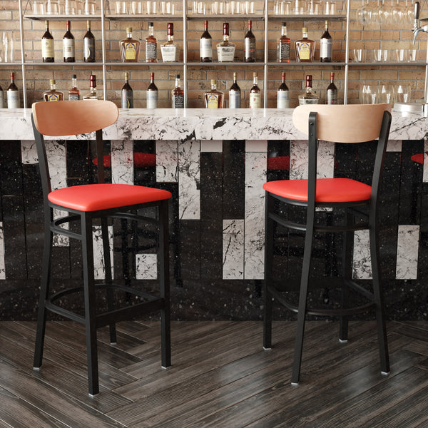 Natural Birch Wood Back/Red Vinyl Seat |#| Commercial Metal Barstool with Vinyl Seat and Wood Boomerang Back-Red/Natural
