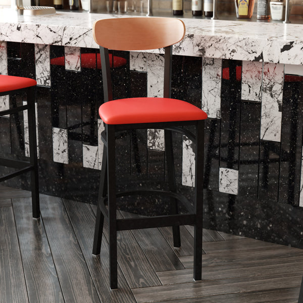 Natural Birch Wood Back/Red Vinyl Seat |#| Commercial Metal Barstool with Vinyl Seat and Wood Boomerang Back-Red/Natural