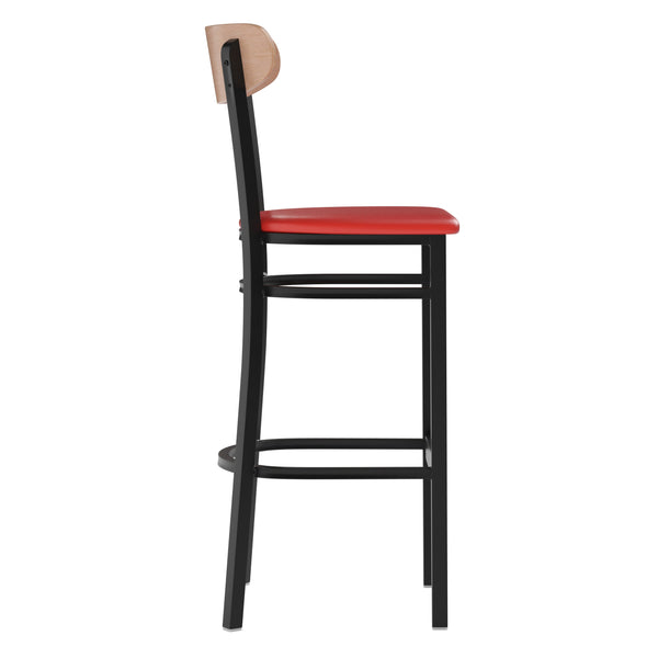 Natural Birch Wood Back/Red Vinyl Seat |#| Commercial Metal Barstool with Vinyl Seat and Wood Boomerang Back-Red/Natural
