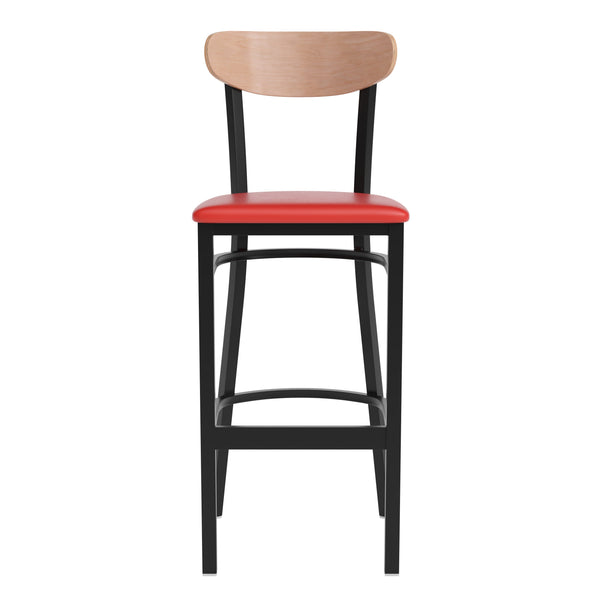 Natural Birch Wood Back/Red Vinyl Seat |#| Commercial Metal Barstool with Vinyl Seat and Wood Boomerang Back-Red/Natural
