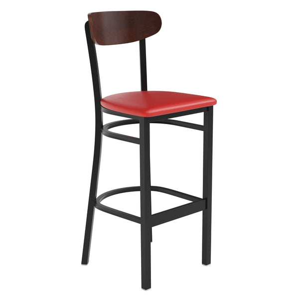 Walnut Wood Back/Red Vinyl Seat |#| Commercial Metal Barstool with Vinyl Seat and Wood Boomerang Back-Red/Walnut
